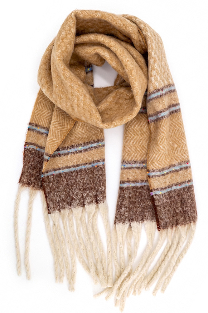 Women's Herringbone Accent Multi-Tone Color Stripe Fringe Scarf in Taupe