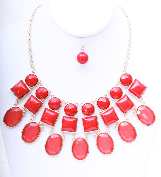 Women's Teardrop Jewel Bib Necklace and Earring Set – Style S2184 in Red