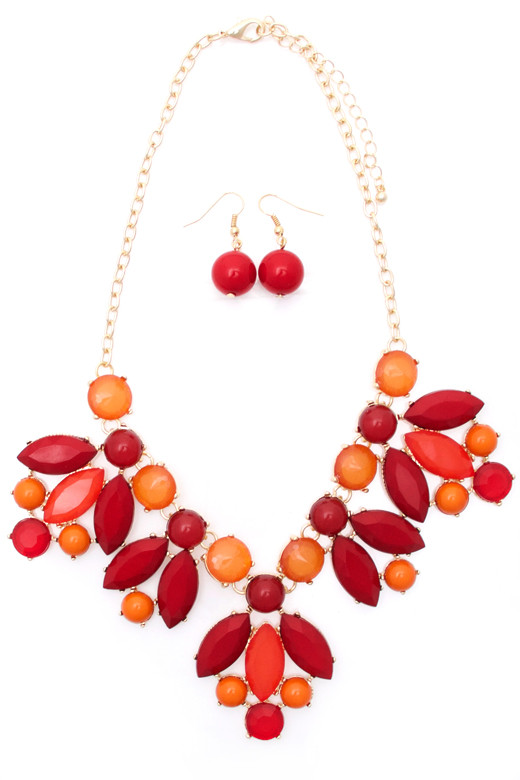 Women's Flower Bib Statement Necklace and Earring Set – Red in Red by BURACQ