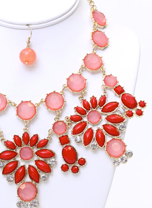 Women's Flower Jewel Statement Necklace and Earring Set – Style S2074 in Red
