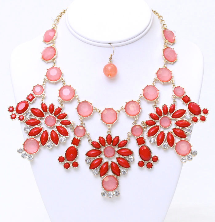 Women's Flower Jewel Statement Necklace and Earring Set – Style S2074 in Red