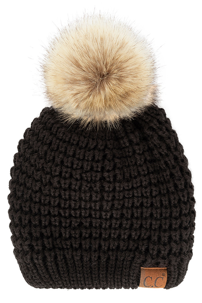 Women's Waffle Stitch Pattern Pom Beanie in Black