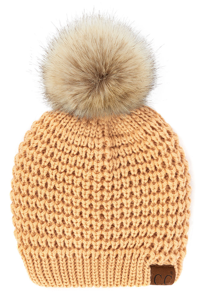 Women's Waffle Stitch Pattern Pom Beanie — beanie photo 3