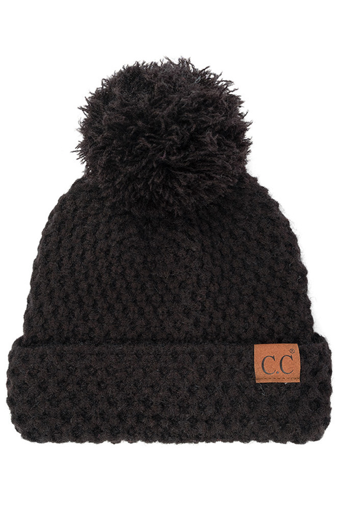Women's Bee Stitch Pattern Cuff Pom Beanie in Black