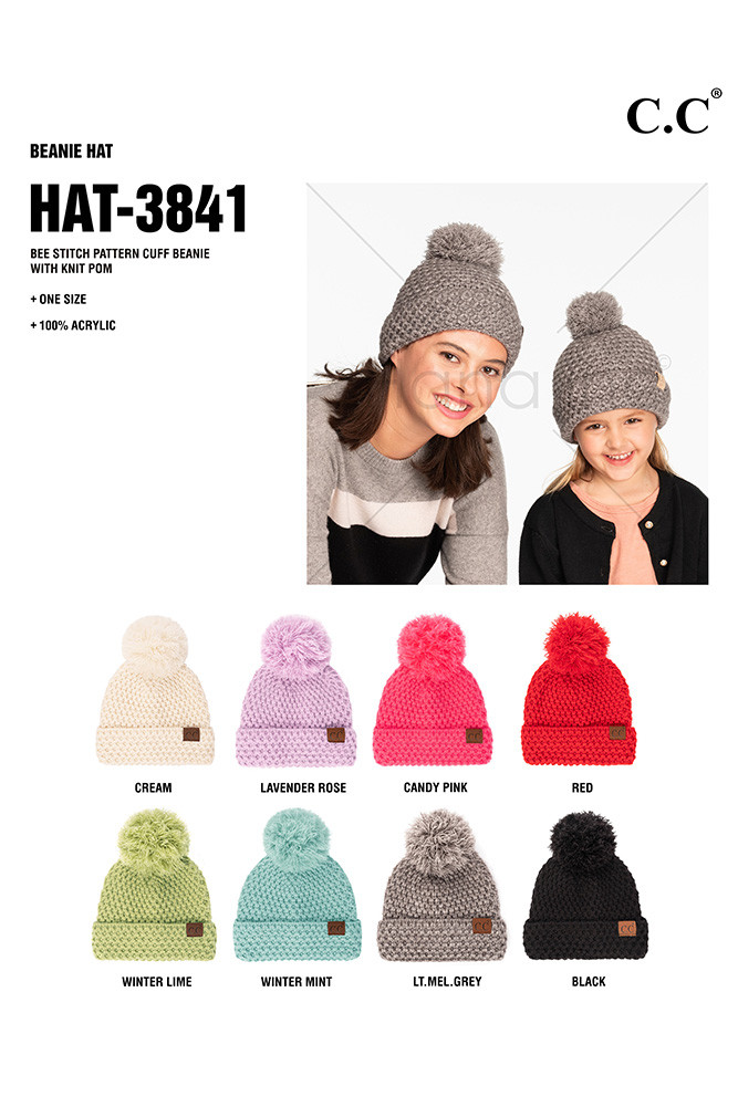 Women's Bee Stitch Pattern Cuff Pom Beanie — beanie photo 2