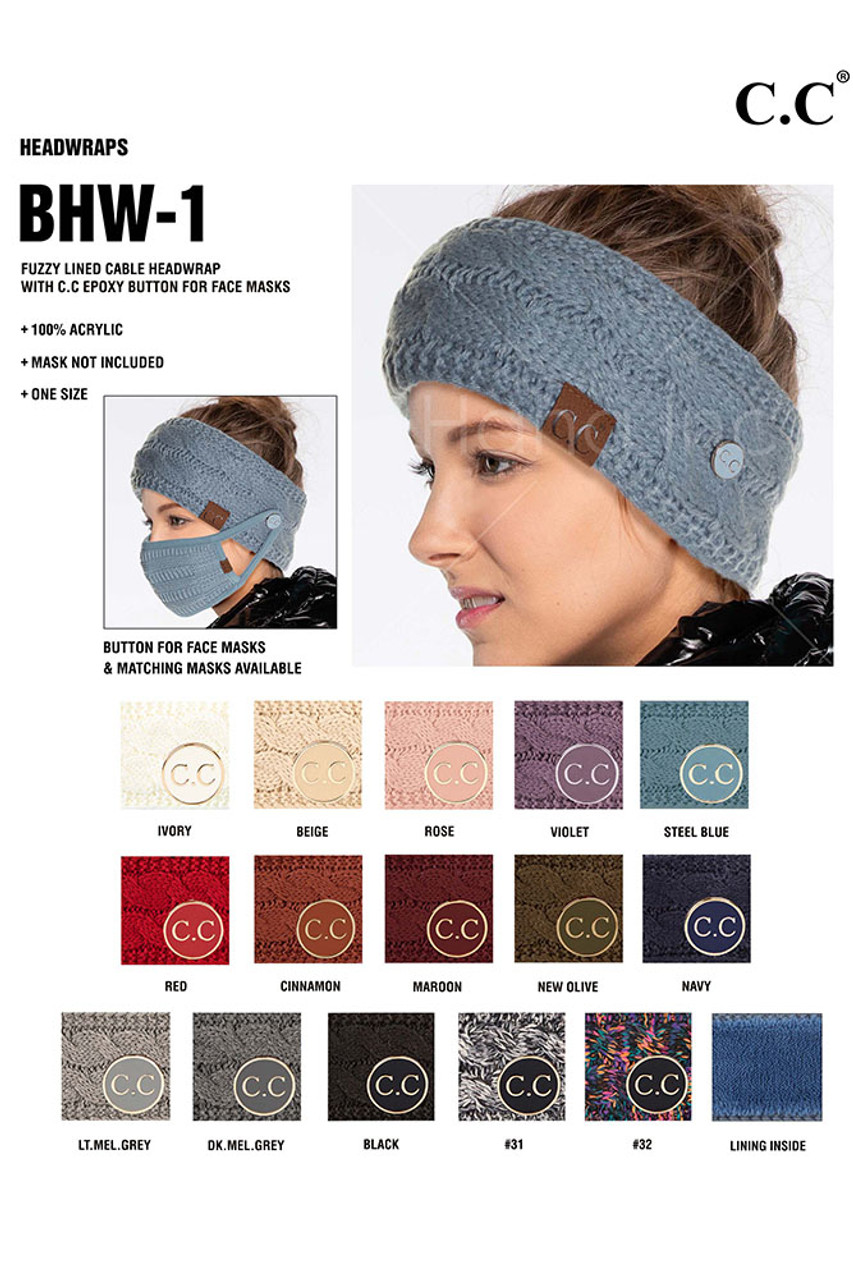 C.C Exclusive Ribbed Knit Headband Headwrap with C.C Epoxy Button for Face Mask