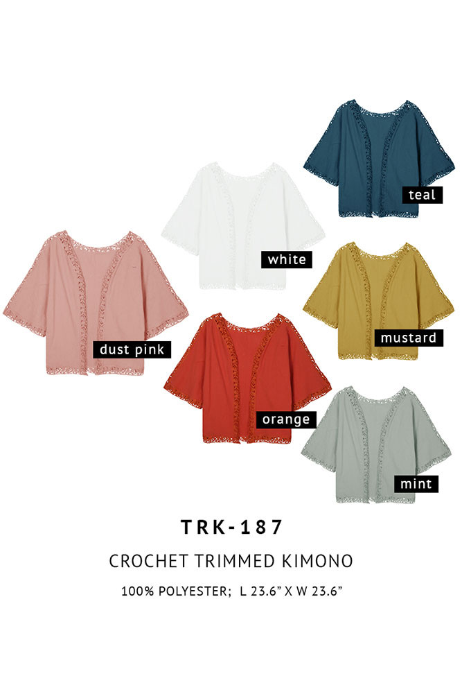 CROCHET TRIMMED KIMONO-TRK-187-MUSTARD - HANA WHOLESALE