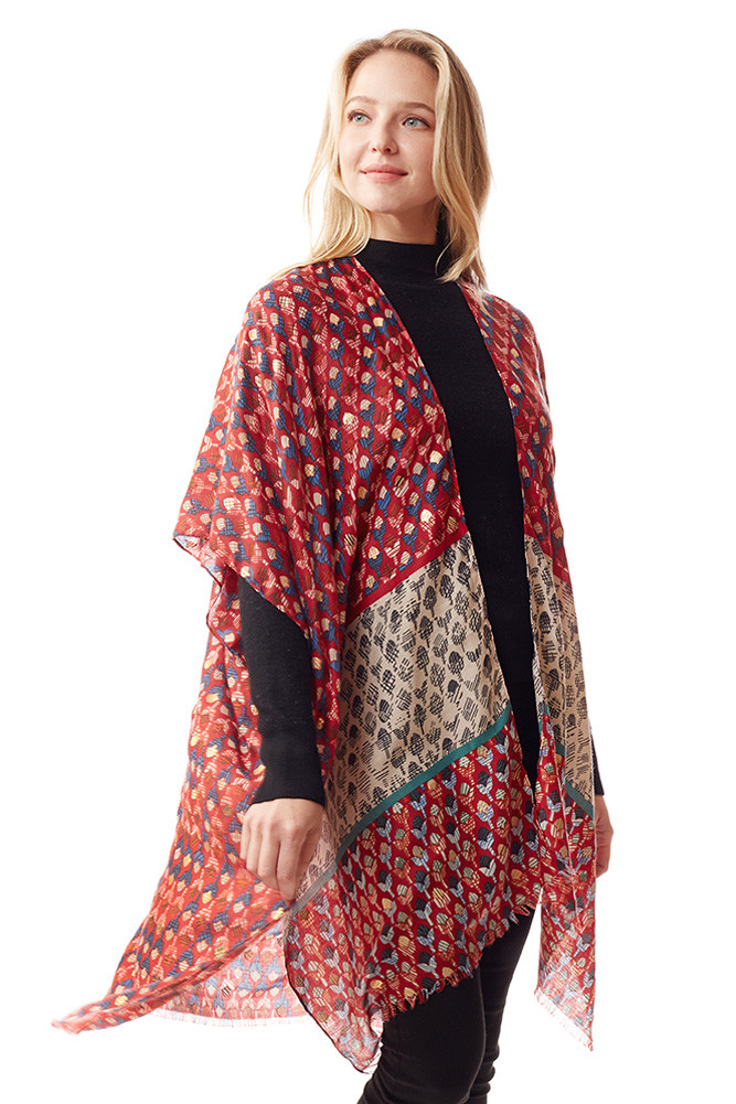 GEOMETRIC DESIGN WITH GOLD FOIL ACCENT RUANA-LOF1238-RED - HANA WHOLESALE