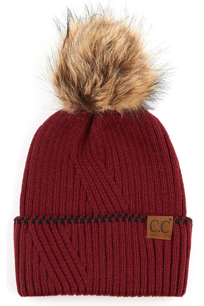 C.C Exclusives Solid Pom Pom Beanie Hat With Accented Cuff - Warm Winter Hat (Violet)