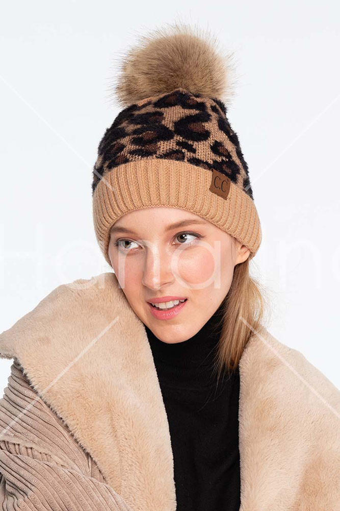 C.C LEOPARD PATTERN BEANIE WITH POMHAT 