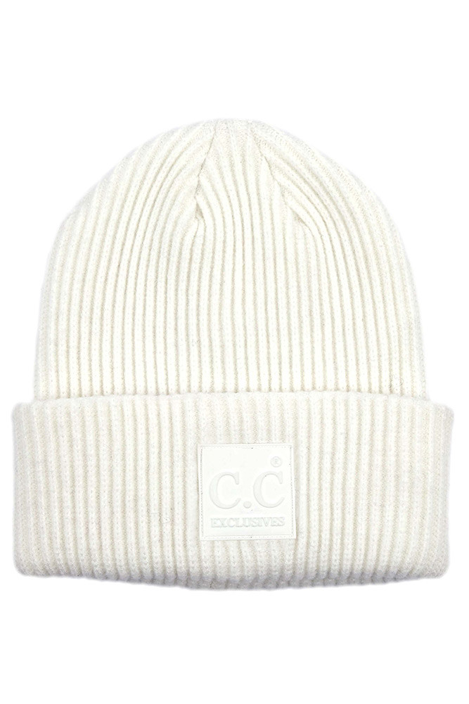 SOLID RIBBED KNIT BEANIE WITH RUBBER PATCH-HAT-7007 HANA - Main Image