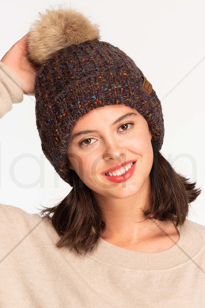 C.C CONFETTI MOHAIR RIBBED POM BEANIE 