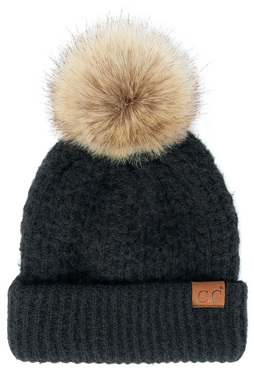 C.C SMOCKING STITCH PATTERN POM BEANIE-HAT-2080 - HANA WHOLESALE