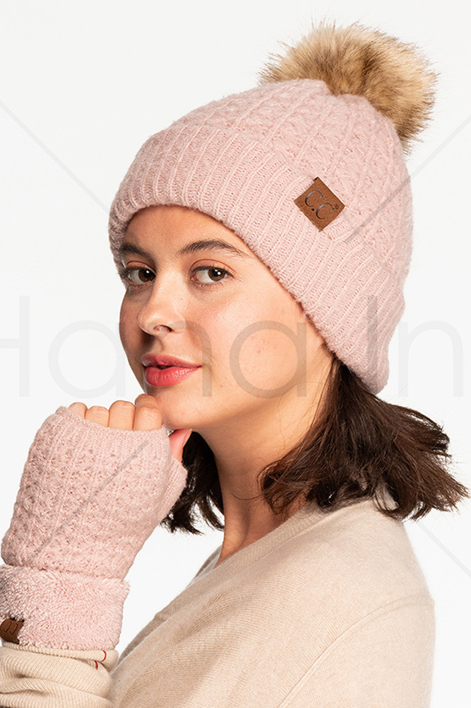 C.C SMOCKING STITCH PATTERN POM BEANIE 