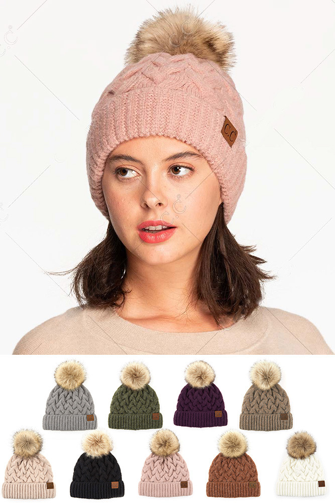 C.C CHUNKY BRAID CABLE PATTERN POM HAT 