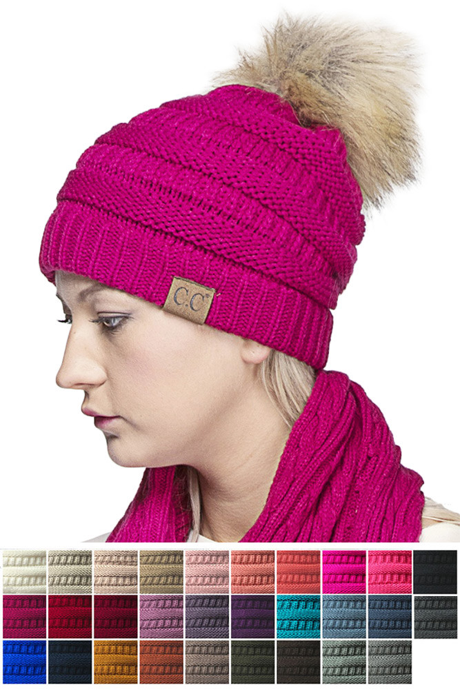 C.C SOLID RIBBED KNIT BEANIE WITH POM 