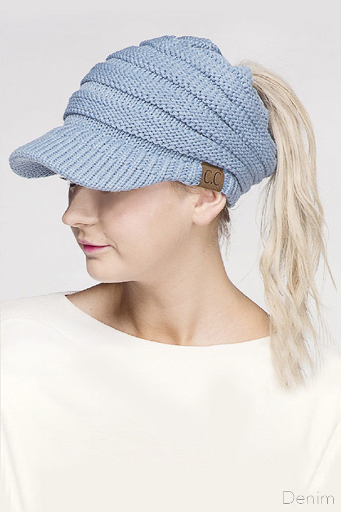 C.C KNIT BRIM MESSY BUN PONYTAIL BEANIE 