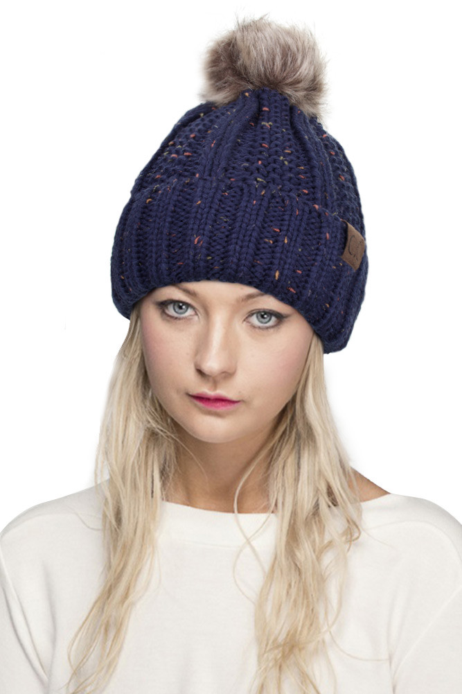 FUZZY FLEECE LINING KNIT BEANIE WITH POM-YJ-820 CONFETTI