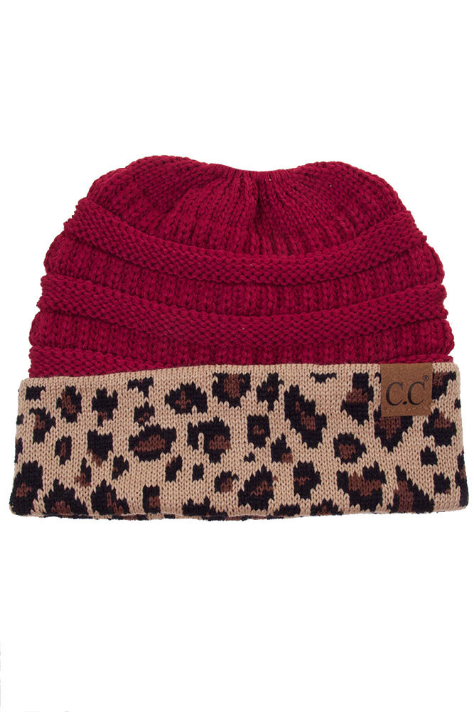 LEOPARD CUFF KNIT MESSY BUN PONYTAIL BEANIE-MB-45 HANA WHOLESALE