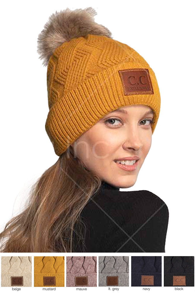 C.C GEOMETRIC CABLE KNIT BEANIE WITH 