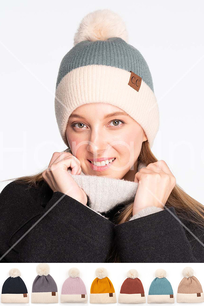 POM BEANIE WITH BEIGE CUFF-HAT 