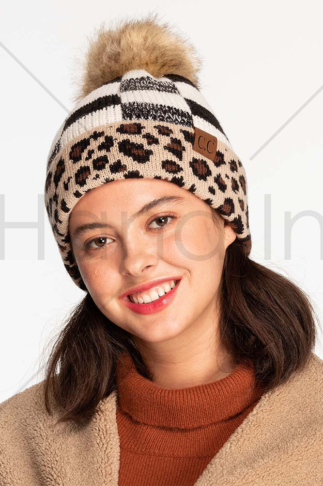 C.C Buffalo Check Beanie with Leopard 