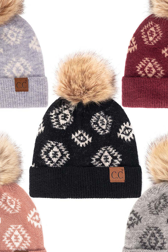 C.C Aztec Print Beanie Hat with Faux 