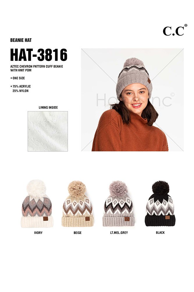 C.C Soft Aztec Pattern Beanie with Knit Pom-HAT-3816 - HANA 