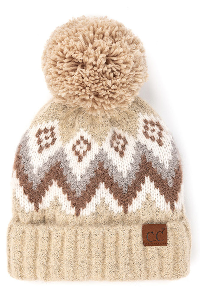 IVORY AZTEC PATTERN HAT WITH SOFT FAUX POM Aztec Pattern Beanie with Faux Fur Pom – Wild Roots Boutique  main image 4