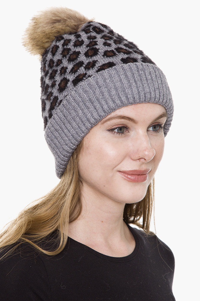 LEOPARD PATTERN SHERPA LINED POM BEANIE 