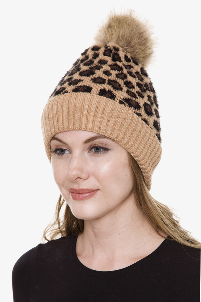 LEOPARD PATTERN SHERPA LINED POM BEANIE-JH259 - HANA WHOLESALE