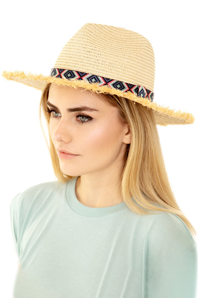 Frayed Trim Aztec Straw Hat Wholesale FRAYED TRIM AZTEC STRAW HAT for your store - Faire main image 3