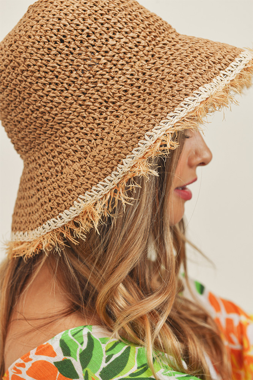 HANDMADE FRAYED CROCHET FOLDABLE STRAW BUCKET HAT-MH0069 - HANA WHOLESALE