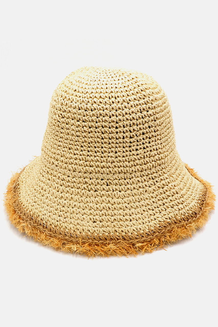 HANDMADE FRAYED CROCHET FOLDABLE STRAW BUCKET HAT-MH0069 - HANA WHOLESALE