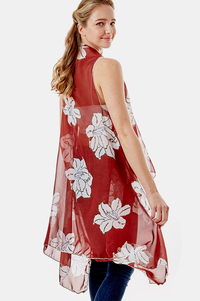 LILY FLORAL CHIFFON VEST COVER UP-LOF1264 - HANA WHOLESALE