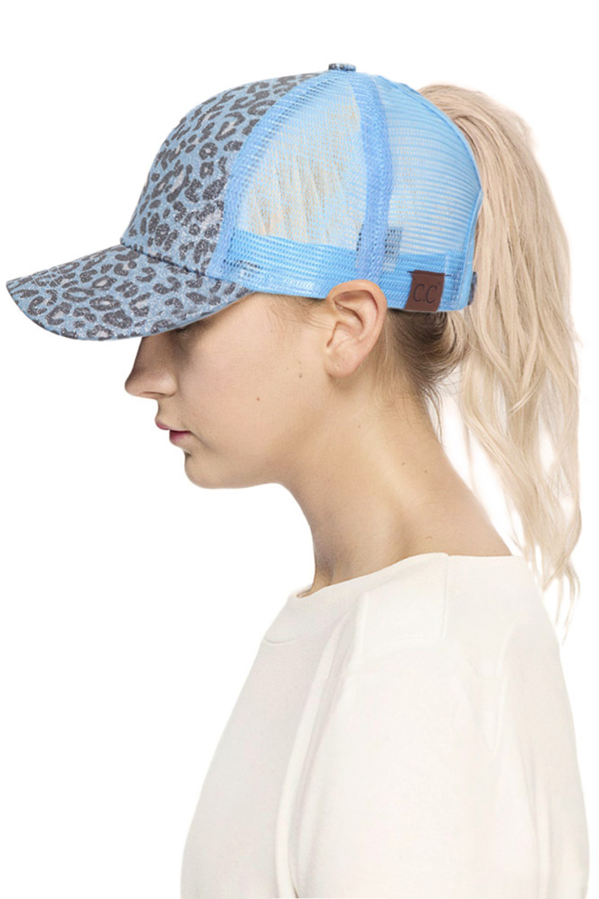 C.C LEOPARD GLITTER PONY TRUCKER CAP-BT-11 - HANA WHOLESALE