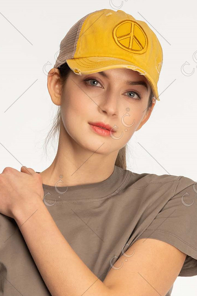 C.C PEACE SIGN DISTRESSED PONY CAP-BT-1017 - HANA WHOLESALE