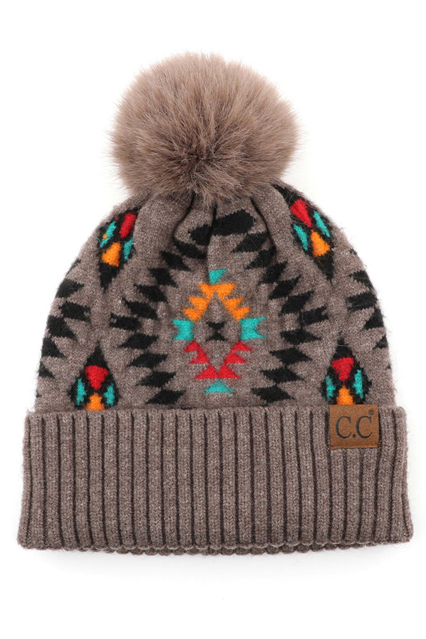 Aztec Patterned Faux Fur Pom C.C Beanie HAT3001