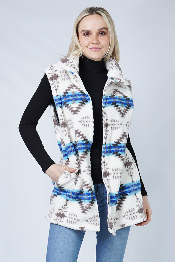 AZTEC SHERPA FLEECE VEST WITH ZIPPER 