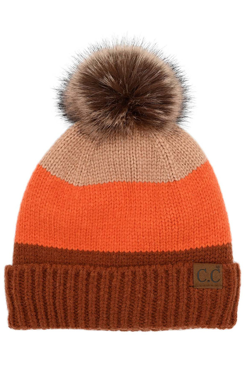 C.C MULTI COLOR BLOCK STRIPES POM BEANIE-HAT-4001