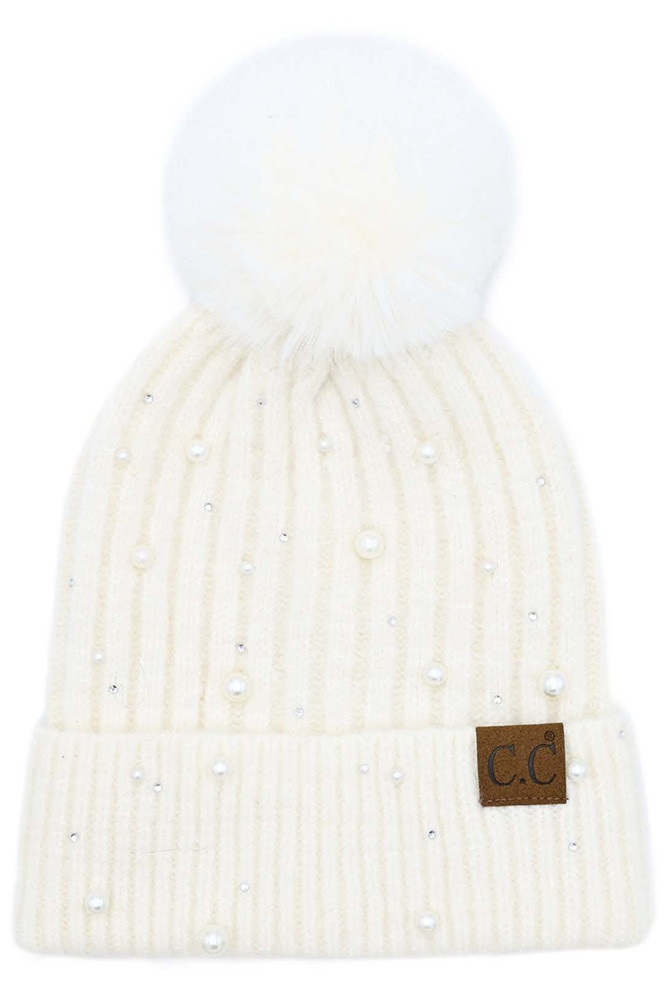 PEARL EMBELLISHMENTS POM BEANIE-HAT-4008 HANA WHOLESALE