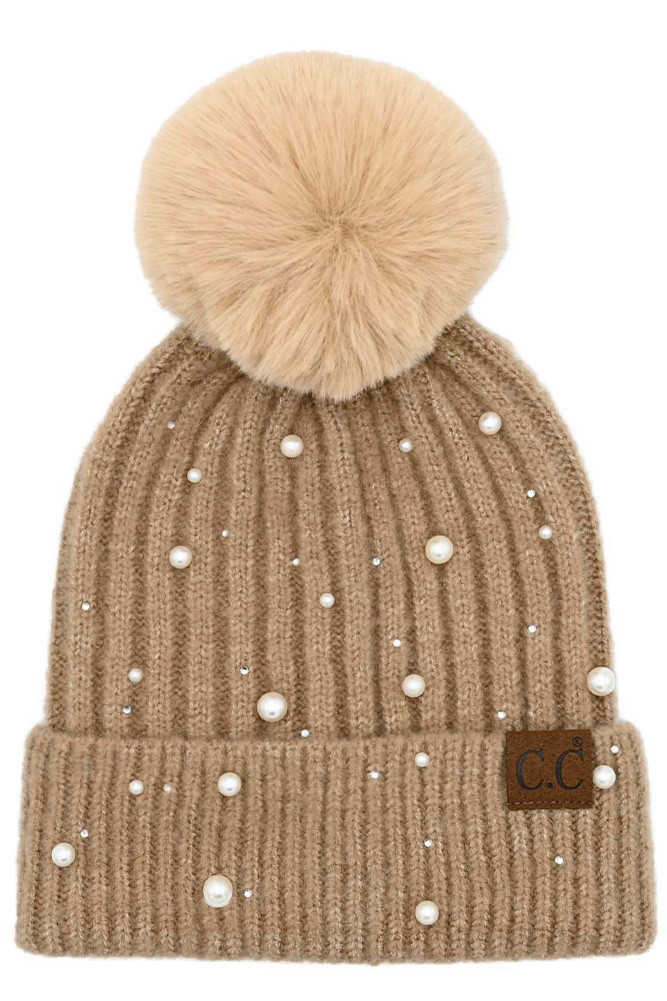 C.C PEARL EMBELLISHMENTS POM BEANIE-HAT-4008 - HANA WHOLESALE display picture 1