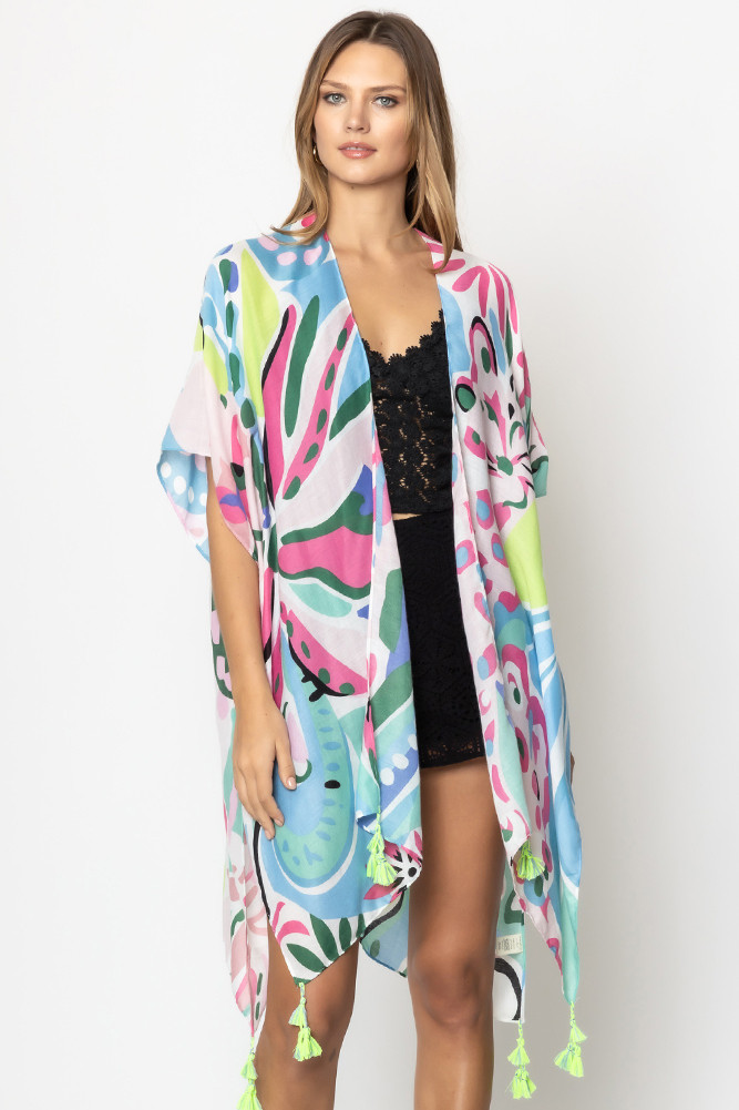 Tropical Floral Print Tassel KimonoBLK310051 HANA WHOLESALE