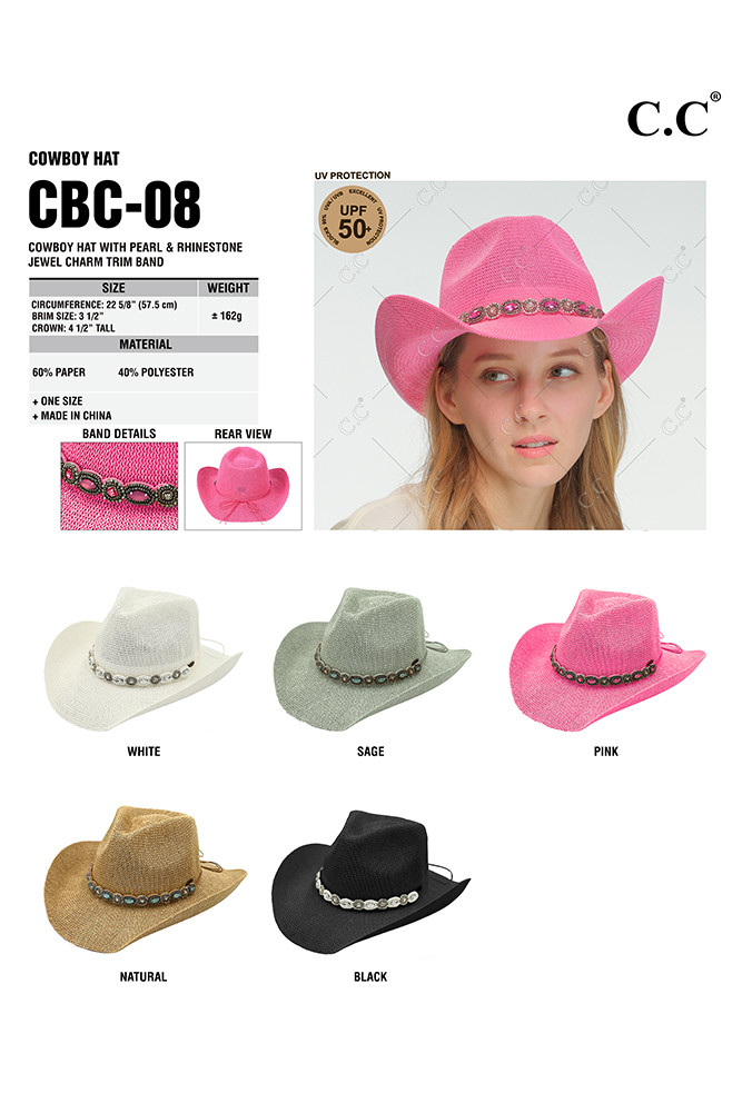 C.C Rhinestone Jewel Charm Trim Cowboy Hat - Pink C.C Rhinestone Jewel Charm Trim Cowboy Hat – Charming Charlie main image 2
