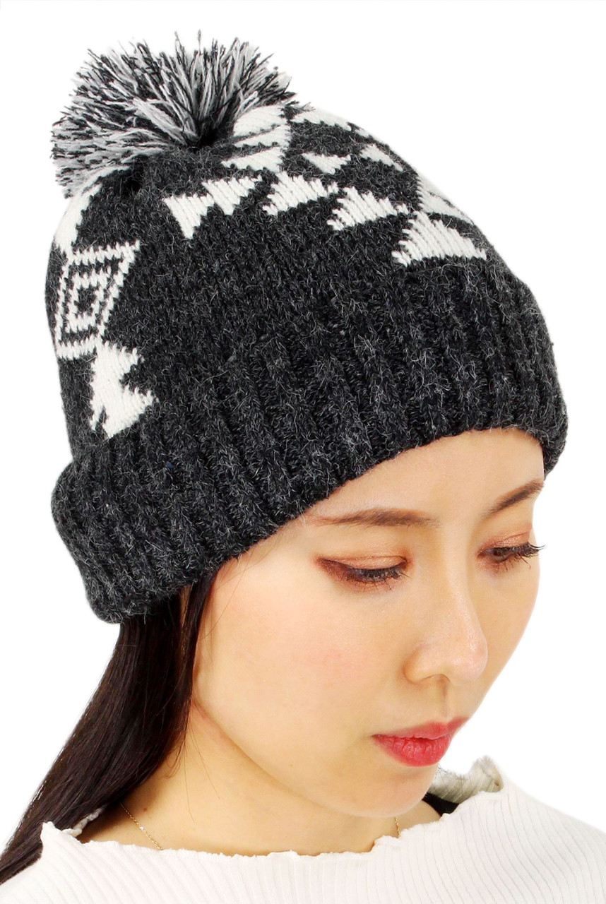 Aztec Pattern Knit Beanie With Pompom-EAHT9983 - HANA WHOLESALE display picture 1