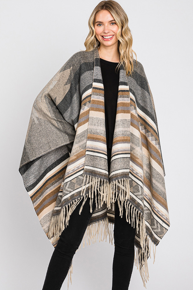 Aztec Pattern Fringe Ruana-MS0313 - HANA WHOLESALE