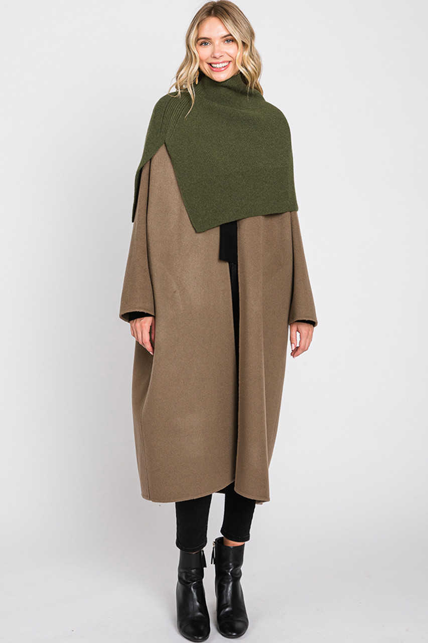 Solid Knit Elegant Turtleneck Slit Shawl-MS0318 - HANA WHOLESALE