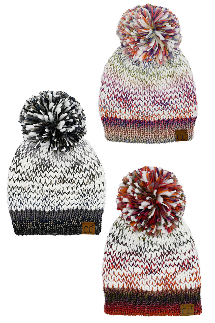 C.C Multi Color Yarn Pom Beanie-HTE0029 - HANA WHOLESALE