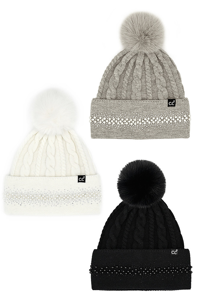 C.C Pearl Rhinestone Embellishment Beanie with Fur Pom-HTC0077