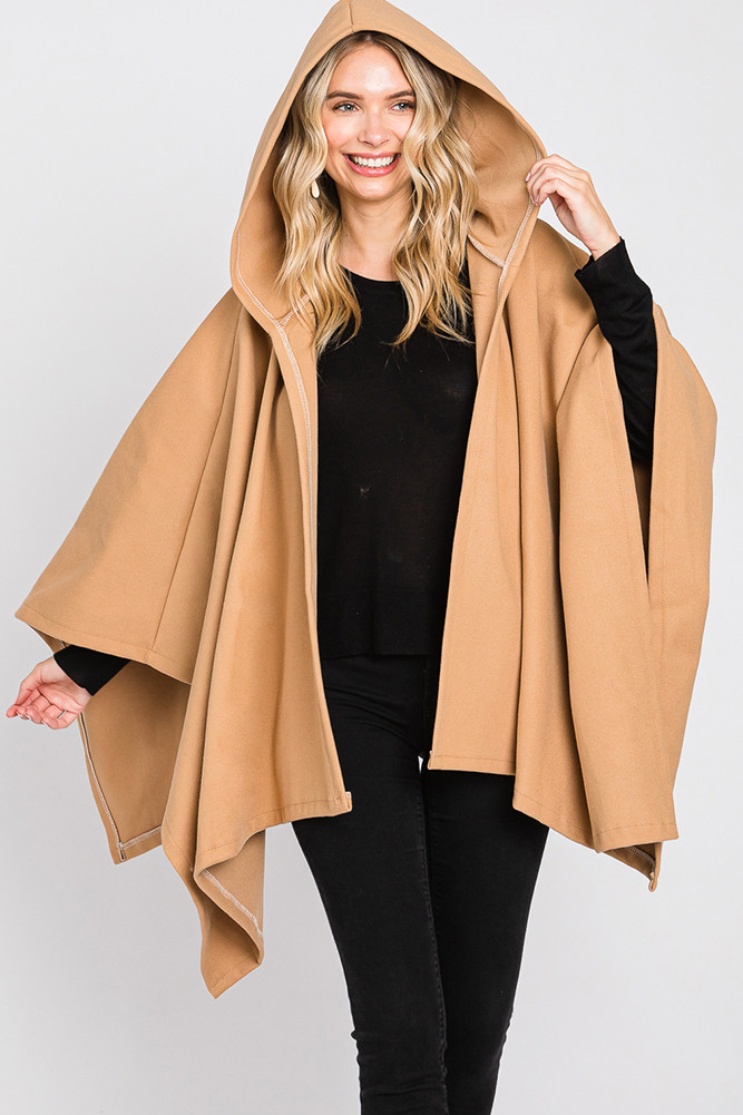 Hooded Solid Ruana-MS0329 - HANA WHOLESALE